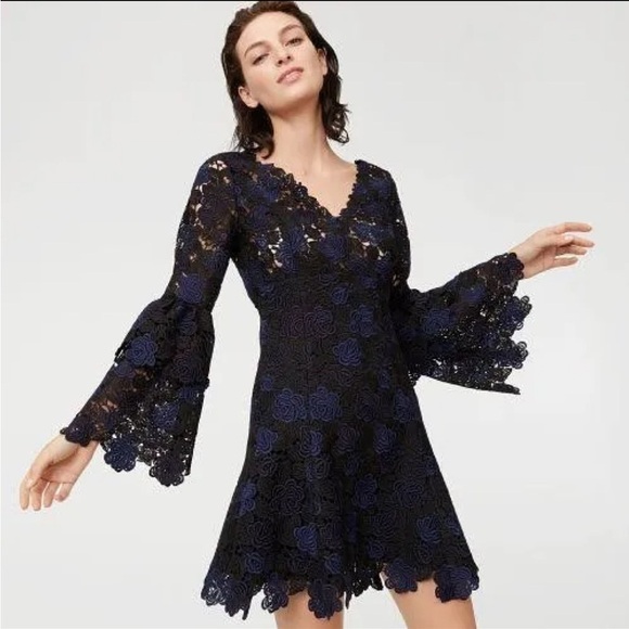 CLUB MONACO Kaelane Ruffle Long Sleeve Black & Navy Lace Mini Dress Size 00 - Picture 1 of 12